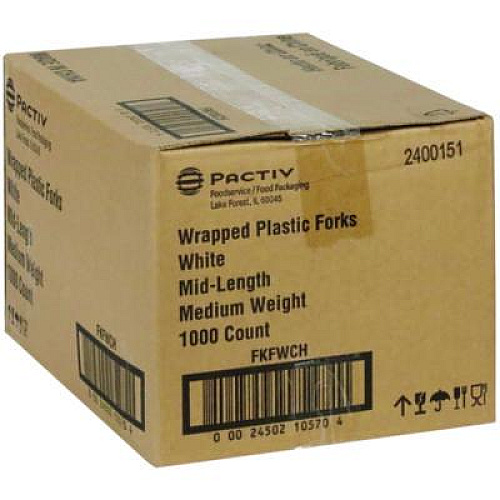 Pactiv Evergreen Fieldware Cutlery, Individually Wrapped, Mediumweight Fork, Plastic, White, 1,000/Carton (FKFWCH)