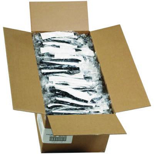 Pactiv Evergreen Gardenware Cutlery Kit, Individually Wrapped, Heavyweight, Fork/Knife/Napkin, Plastic, Black, 500/Carton (GKFKNECH)