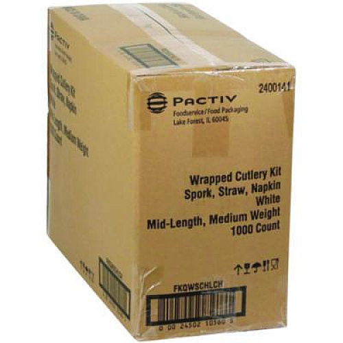 Pactiv Evergreen Fieldware Cutlery Kit, Mediumweight, Napkin/Spork/Straw, Plastic, White, 1,000/Carton (FKQWSCHLCH)