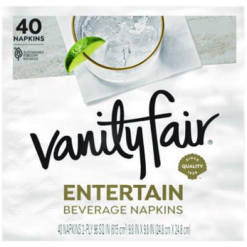 Vanity Fair Entertain Beverage Napkins, 2-Ply, 9.8 x 9.8, White, 40/Pack, 12 Packs/Carton (35134)