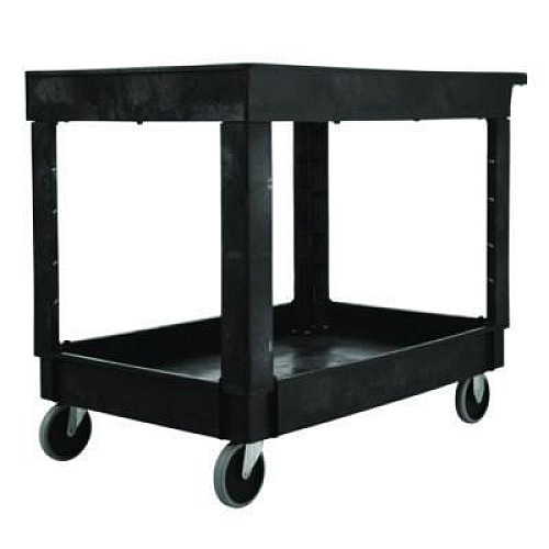 Rubbermaid Commercial Heavy-Duty Utility Cart with Lipped Shelves, Plastic, 2 Shelves, 500 lb Capacity, 25.78" x 45.25" x 33.25", Black (452089BLA)