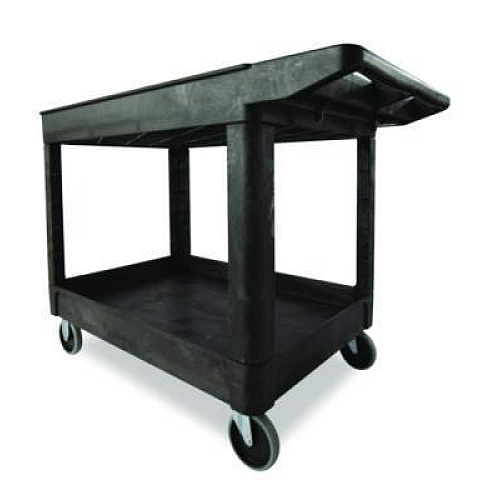 Rubbermaid Commercial Heavy-Duty Utility Cart with Lipped Shelves, Plastic, 2 Shelves, 500 lb Capacity, 25.78" x 45.25" x 33.25", Black (452089BLA)
