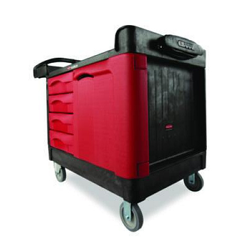 Rubbermaid Commercial TradeMaster Cart with One Door, Plastic, 3 Shelves, 4 Drawers, 750 lb Capacity, 26.25" x 49" x 38", Black (453388BLA)