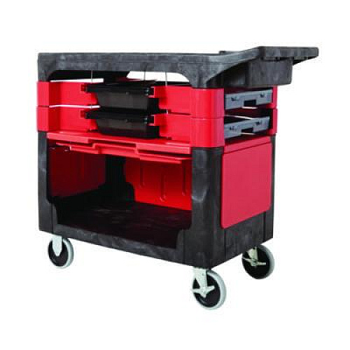 Rubbermaid Commercial Trades Cart with Locking Storage Area, Plastic, 2 Shelves, 2 Drawers, 330 lb Capacity, 19.25" x 38" x 33.38", Black (618088BLA)