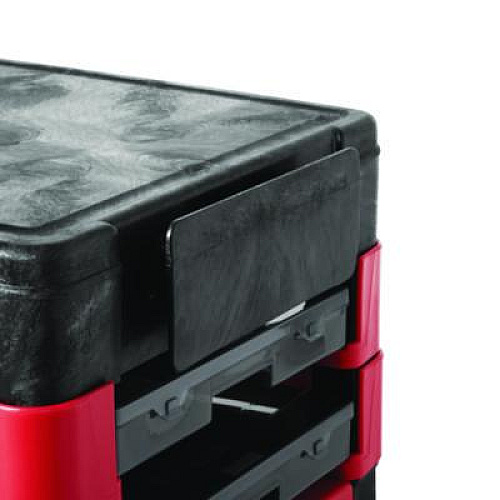 Rubbermaid Commercial Trades Cart with Locking Storage Area, Plastic, 2 Shelves, 2 Drawers, 330 lb Capacity, 19.25" x 38" x 33.38", Black (618088BLA)
