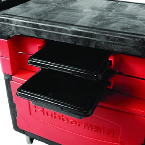 Rubbermaid Commercial Trades Cart with Locking Storage Area, Plastic, 2 Shelves, 2 Drawers, 330 lb Capacity, 19.25" x 38" x 33.38", Black (618088BLA)