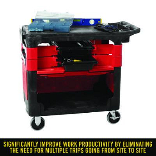 Rubbermaid Commercial Trades Cart with Locking Storage Area, Plastic, 2 Shelves, 2 Drawers, 330 lb Capacity, 19.25" x 38" x 33.38", Black (618088BLA)