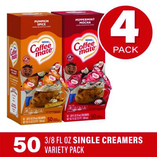 Coffee mate Liquid Coffee Creamer, Peppermint Mocha/Pumpkin Spice, 0.38 oz Mini Cups, 50/Pack, 4 Packs/Carton (70000095)