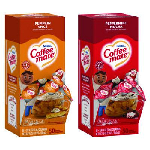 Coffee mate Liquid Coffee Creamer, Peppermint Mocha/Pumpkin Spice, 0.38 oz Mini Cups, 50/Pack, 4 Packs/Carton (70000095)