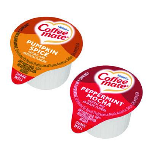 Coffee mate Liquid Coffee Creamer, Peppermint Mocha/Pumpkin Spice, 0.38 oz Mini Cups, 50/Pack, 4 Packs/Carton (70000095)