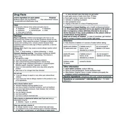 Alka-Seltzer Buffered Aspirin (NSAID) Tablets, 2/Pack, 30 Packs/Box (64038)