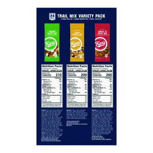 Kar's Trail Mix Variety Pack, Mango Pineapple/Sweet 'N Spicy/Yogurt Apple Nut, 24 Packets/Box (SN08361)