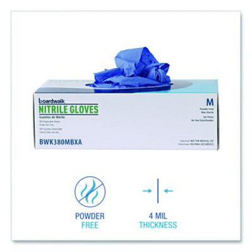 Boardwalk 380 Series Disposable General-Purpose Nitrile Gloves, Powder-Free, Medium, 4 mil Thick, 9.5" Long, Blue, 100/Box (380MBXA)