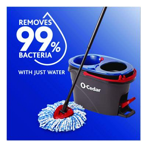 O-Cedar EZWring RinseClean Spin Mop System, Blue/White Microfiber Head, Up to 51" Adjustable Red/Gray Plastic Handle (168534)
