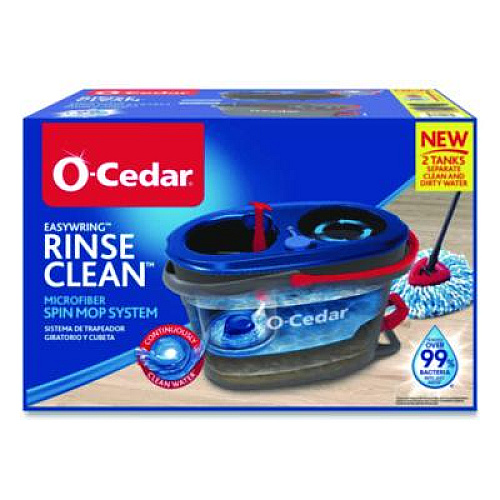 O-Cedar EZWring RinseClean Spin Mop System, Blue/White Microfiber Head, Up to 51" Adjustable Red/Gray Plastic Handle (168534)
