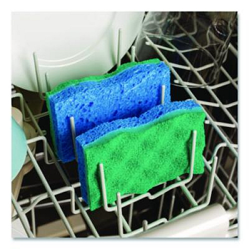 O-Cedar Scrunge Non-Scratch Scrub Sponge, 2.63 x 4.25, 1" Thick, Green/Blue, 2/Pack (169431)