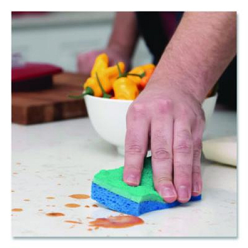 O-Cedar Scrunge Non-Scratch Scrub Sponge, 2.63 x 4.25, 1" Thick, Green/Blue, 2/Pack (169431)