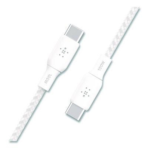 Belkin BOOST CHARGE Braided USB-C to USB-C Cable, 100 W Power Delivery, 6.6 ft, White, 2/Pack (CAB014BT2MWH)