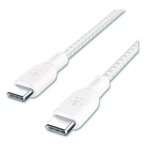 Belkin BOOST CHARGE Braided USB-C to USB-C Cable, 100 W Power Delivery, 6.6 ft, White, 2/Pack (CAB014BT2MWH)