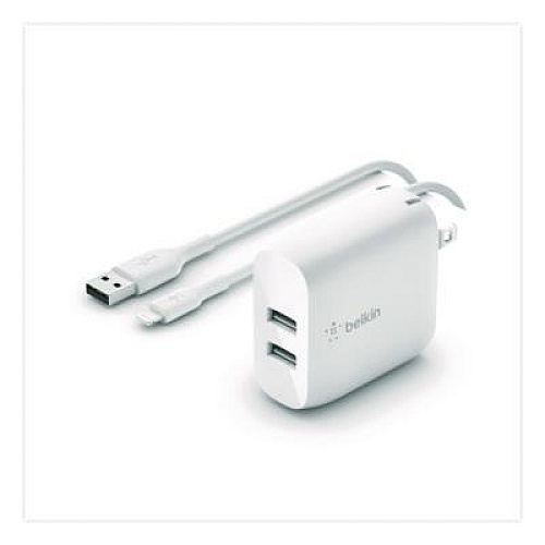 Belkin BOOST CHARGE Dual USB-A Wall Charger + Lightning to USB-A Cable, White (WCD001DQ1MWH)