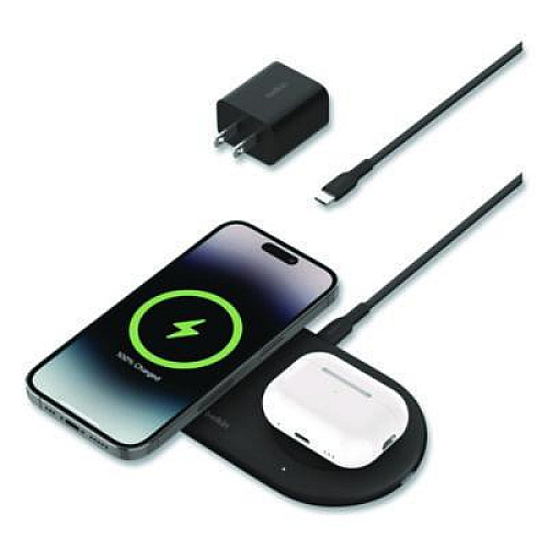 Belkin BOOST CHARGE Pro 2-in-1 Magnetic Wireless Charging Pad with Qi2, USB-C, 15 W, Black (WIZ021TTBK)