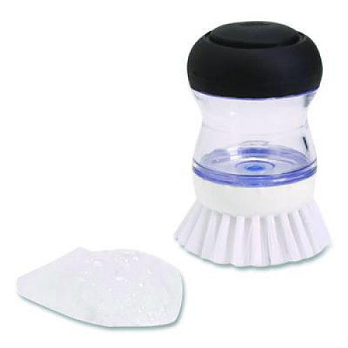 OXO Good Grips Soap Dispensing Palm Brush, Whie Nylon Bristles, 4" Brush, Clear/Black Handle (36481)