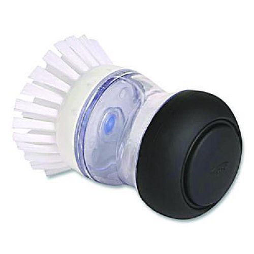 OXO Good Grips Soap Dispensing Palm Brush, Whie Nylon Bristles, 4" Brush, Clear/Black Handle (36481)