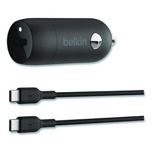 Belkin BOOST CHARGE USB-PD Car Charger + USB-C to USB-C Cable, 30 W, USB-C, Black (CCA004BT1MBK)
