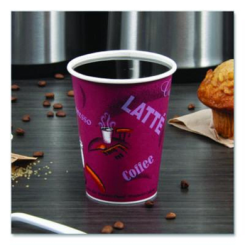 SOLO Paper Hot Drink Cups in Bistro Design, 12 oz, Maroon, 300/Carton (OF12BI0041)