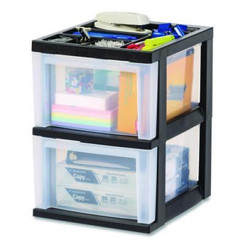 IRIS 2-Compartment Desktop Stackable Storage Drawer, 12.17 x 14.33 x 16.77, Black/Translucent White (116352)