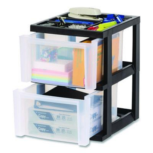 IRIS 2-Compartment Desktop Stackable Storage Drawer, 12.17 x 14.33 x 16.77, Black/Translucent White (116352)