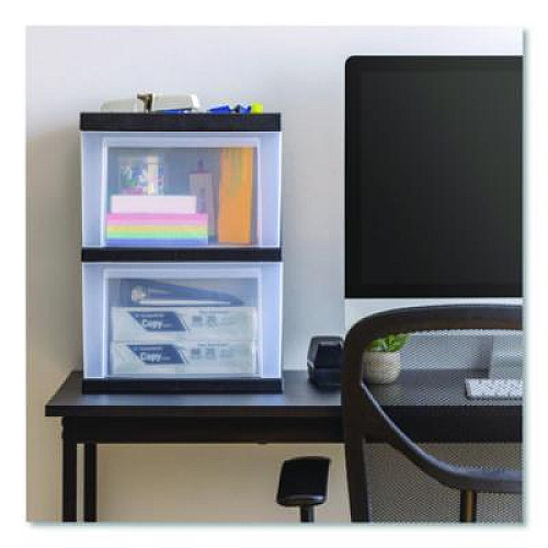 IRIS 2-Compartment Desktop Stackable Storage Drawer, 12.17 x 14.33 x 16.77, Black/Translucent White (116352)