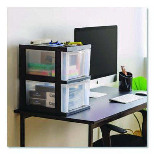 IRIS 2-Compartment Desktop Stackable Storage Drawer, 12.17 x 14.33 x 16.77, Black/Translucent White (116352)