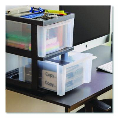 IRIS 2-Compartment Desktop Stackable Storage Drawer, 12.17 x 14.33 x 16.77, Black/Translucent White (116352)