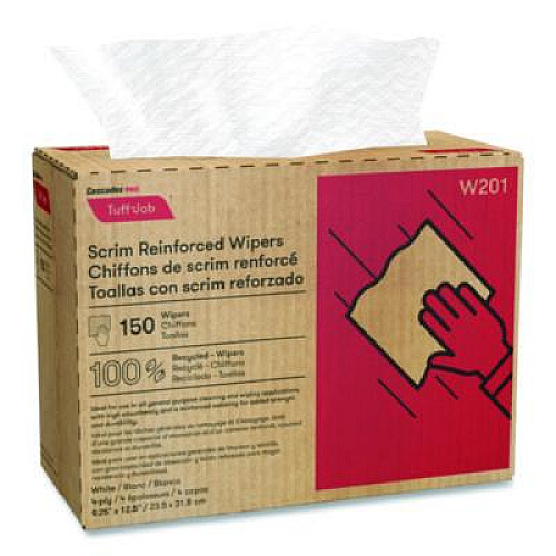 Cascades PRO Tuff-Job Scrim Reinforced Wipers, 4-Ply, 9.25 x 12.5, White, 150/Box, 10 Boxes/Carton (W201)