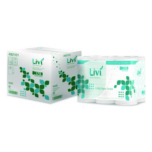 Livi Ultra Premium Kitchen Roll Towel, 2-Ply, 5" x 11", White, 6 Rolls/Pack, 4 Packs/Carton (492101)