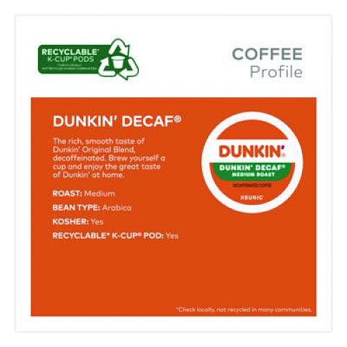 K-Cups, Dunkin' Decaf, 0.37 oz, 22/Box, 4 Boxes/Carton (400846)