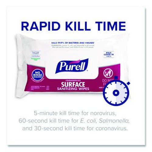 PURELL Foodservice Surface Sanitizing Wipes, 1-Ply, 7.4 x 9, Fragrance Free, White, 72 Wipes/Resealable Pack (937112)