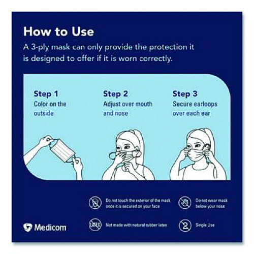 Medicom Three-Ply Disposable Face Mask, Paper, One Size Fits Most, 50/Box (214115CAN)