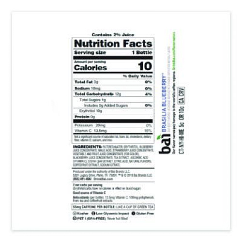 Bai Antioxidant Infused Beverage, Brasilia Blueberry, 18 oz Bottle, 12/Carton (2712518)