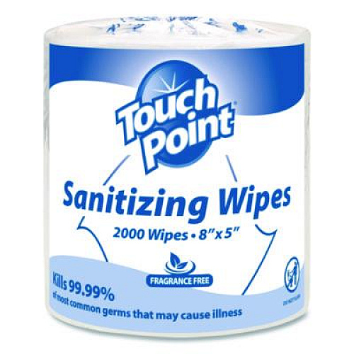 Touch Point Hand Sanitizing Wipes Refill, 5 x 8, Fragrance Free, White, 2,000 Wipes/Roll, 2 Rolls/Carton (WS2000FF)