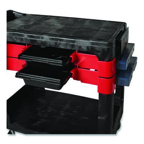 Rubbermaid Commercial Two-Shelf Trades Cart, Plastic, 2 Shelves, 2 Drawers, 330 lb Capacity, 19.25" x 38" x 33.38", Black (618000BLA)