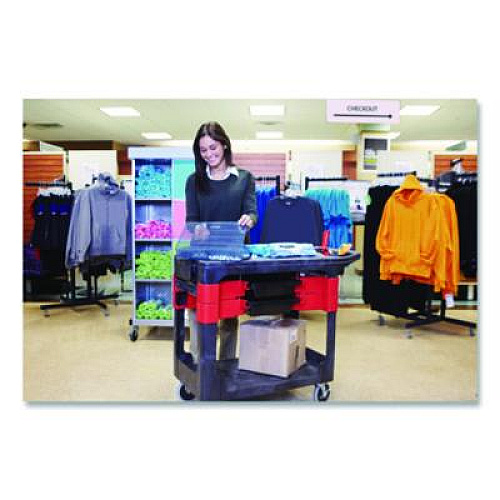 Rubbermaid Commercial Two-Shelf Trades Cart, Plastic, 2 Shelves, 2 Drawers, 330 lb Capacity, 19.25" x 38" x 33.38", Black (618000BLA)