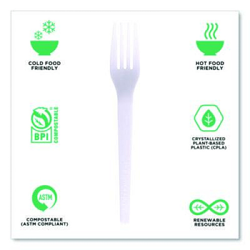 Eco-Products Plantware CPLA Cutlery, Individually Wrapped, Fork, Plastic, White, 1,000/Carton (EPS017W)
