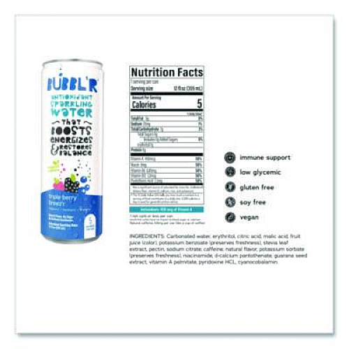 Bubbl'r Antioxidant Sparkling Water, Triple Berry Breez'r, 12 oz Can, 12 Cans/Carton (WIC00028)