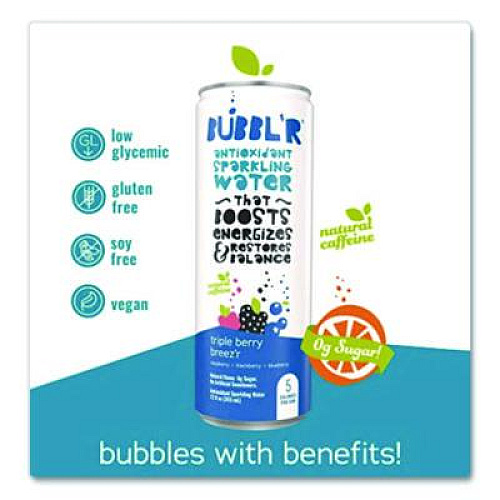 Bubbl'r Antioxidant Sparkling Water, Triple Berry Breez'r, 12 oz Can, 12 Cans/Carton (WIC00028)