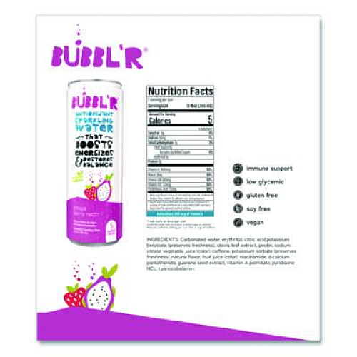 Bubbl'r Antioxidant Sparkling Water, Pitaya Berry Nect'r, 12 oz Can, 12 Cans/Carton (WIC39978)
