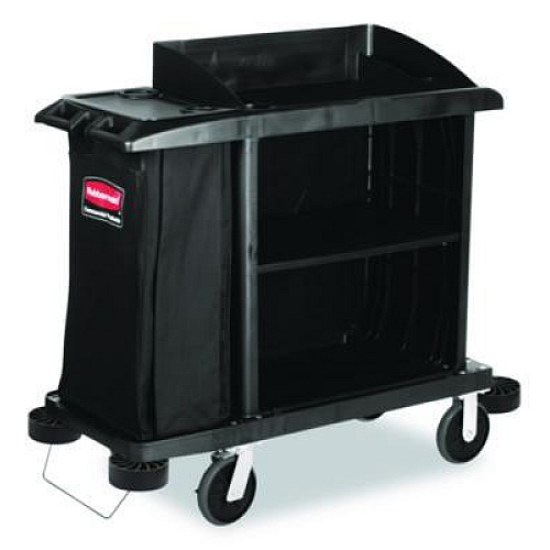 Rubbermaid Commercial Multi-Shelf Cleaning Cart, Plastic, 4 Shelves, 1 Bin, 22" x 49" x 50", Black (6190BLA)