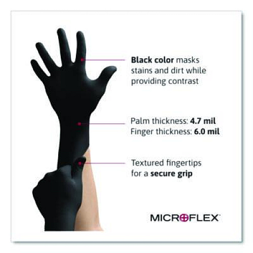 Ansell MICROFLEX MidKnight Powder-Free Nitrile Gloves, XX-Large, 4.7 mil (Palm), 5.9 mil (Fingers), 9.6" Long, Black, 100/Box (MK296XXL)