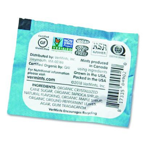 VerMints Organic Mints/Pastilles, Peppermint, 2 Mints/0.7 oz Individually Wrapped, 100/Box (VNT00992)